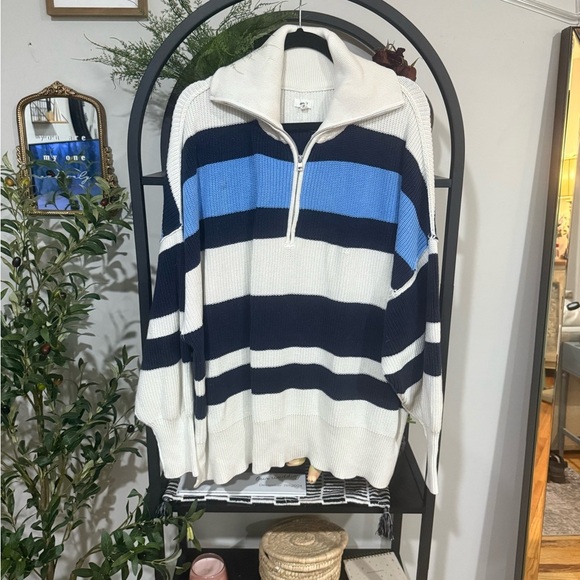 Aerie Striped Navy and Blue Zip-Up Sweater size xxl - Picture 1 of 9